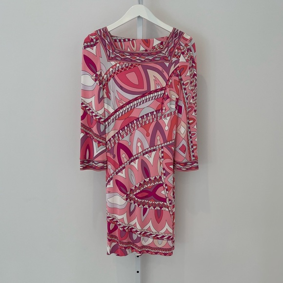 EMILIO PUCCI PINK PRINT SQUARE NECK BELL SLEEVE DRESS SIZE IT 40 / US 6 - Picture 1 of 16